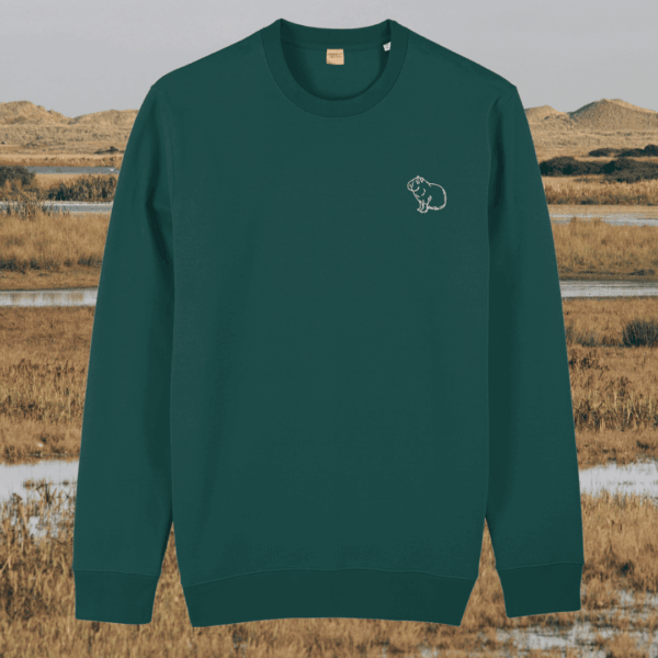 Front view of the Capybara Glazed Green organic cotton sweater featuring the “Spread Peace and Kindness” design by Mindful Earth.