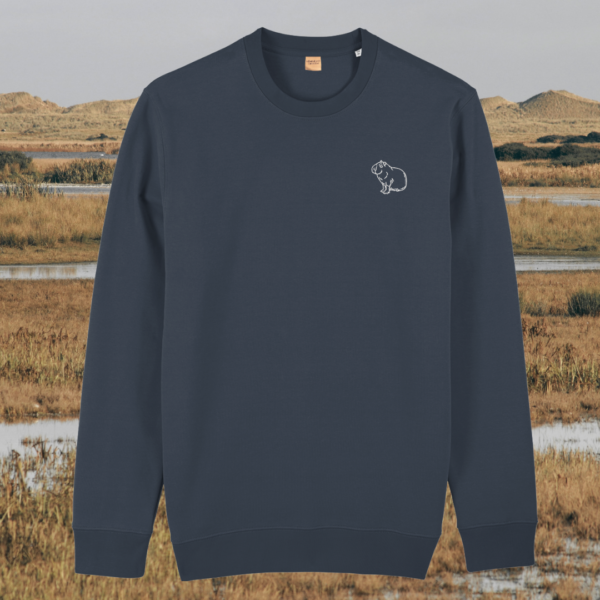 Front view of the Capybara India Ink Grey organic cotton sweater featuring the “Spread Peace and Kindness” design by Mindful Earth.