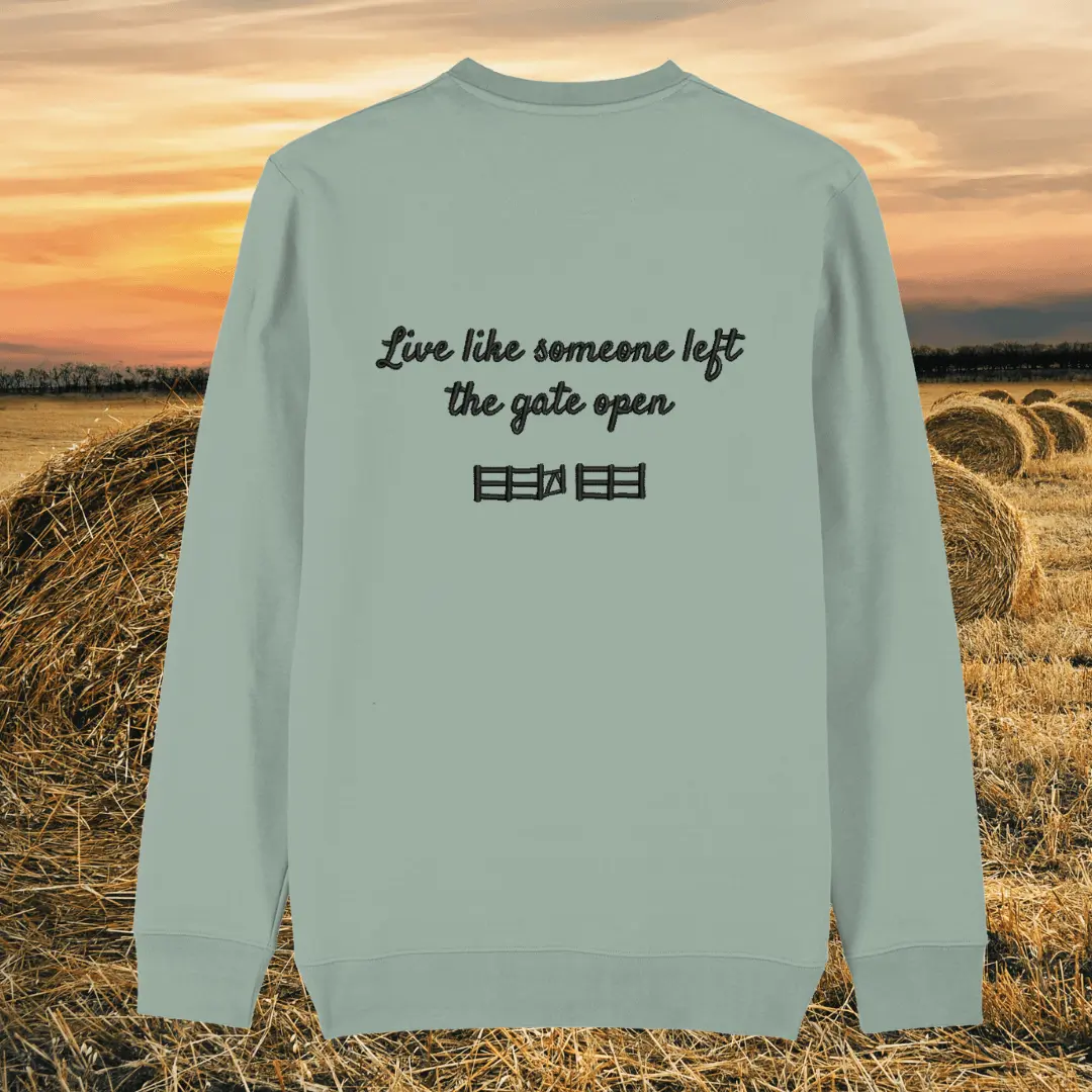 Back view of the Highland Cow Aloe organic cotton sweater with a minimalist plain back by Mindful Earth.