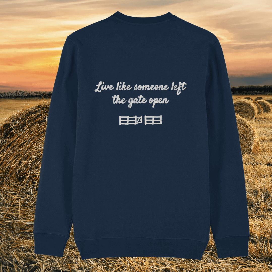 Back view of the Highland Cow French Navy organic cotton sweater with a minimalist plain back by Mindful Earth.