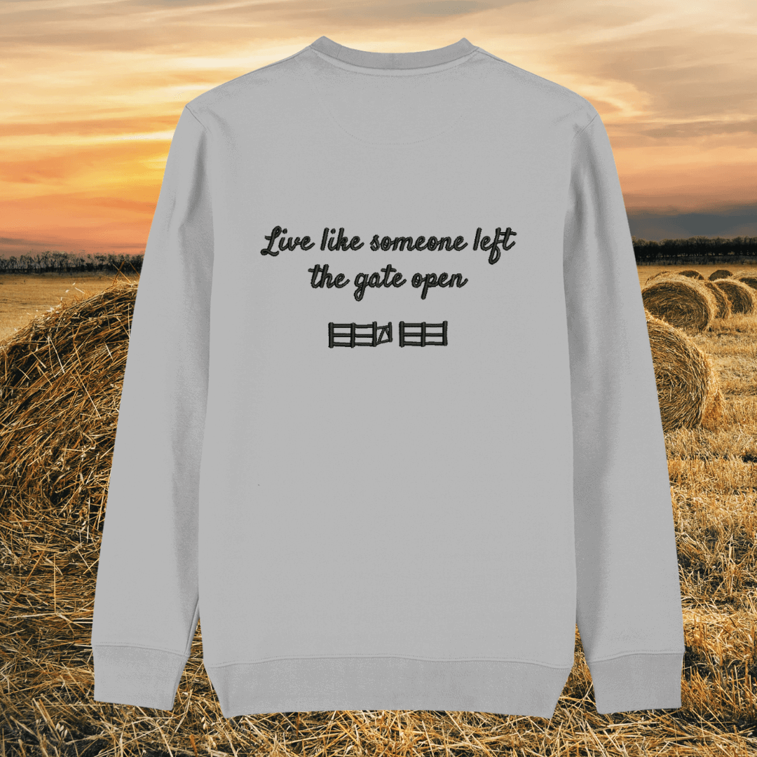 Back view of the Highland Cow Heather Grey organic cotton sweater with a minimalist plain back by Mindful Earth.