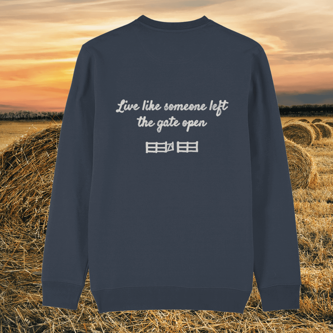 Back view of the Highland Cow India Ink Grey organic cotton sweater with a minimalist plain back by Mindful Earth.