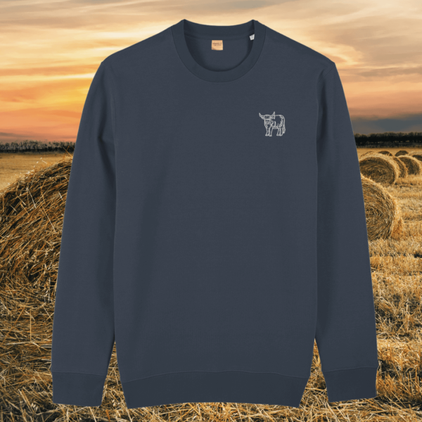 Front view of the Highland Cow India Ink Grey organic cotton sweater featuring the “Live Like Someone Left the Gate Open” design by Mindful Earth.