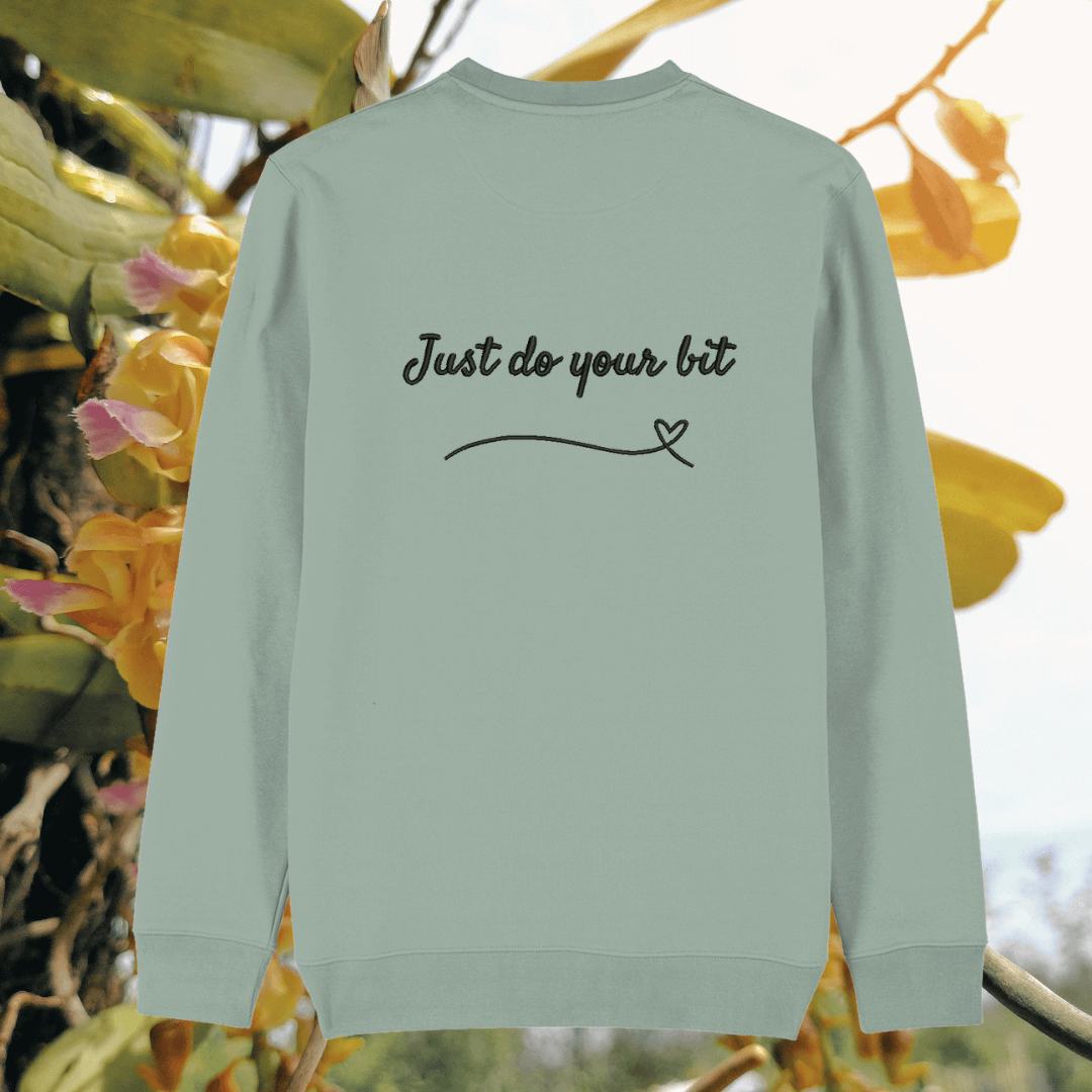 Back of the Aloe Green organic cotton sweater featuring hummingbird illustration and the phrase “Just Do Your Bit” – Mindful Earth UK sustainable fashion