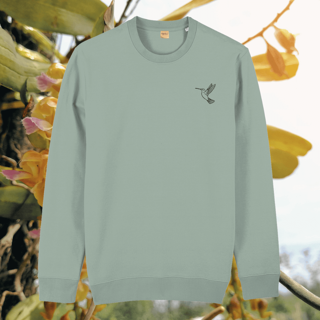 Aloe green organic cotton sweater with hummingbird design and motivational “Just Do Your Bit” message on the front – Mindful Earth sustainable UK clothing