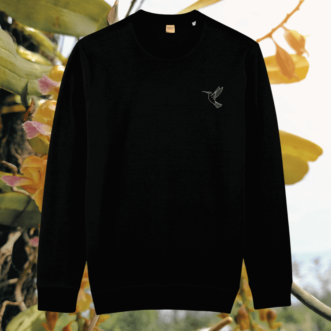 Black organic cotton sweater with hummingbird design and motivational “Just Do Your Bit” message on the front – Mindful Earth sustainable UK clothing