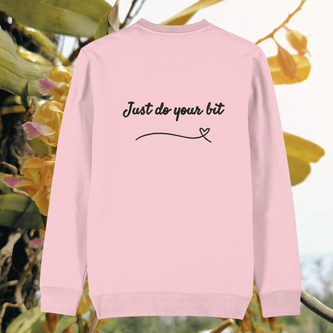 Back of the Cotton Pink organic cotton sweater featuring hummingbird illustration and the phrase “Just Do Your Bit” – Mindful Earth UK sustainable fashion