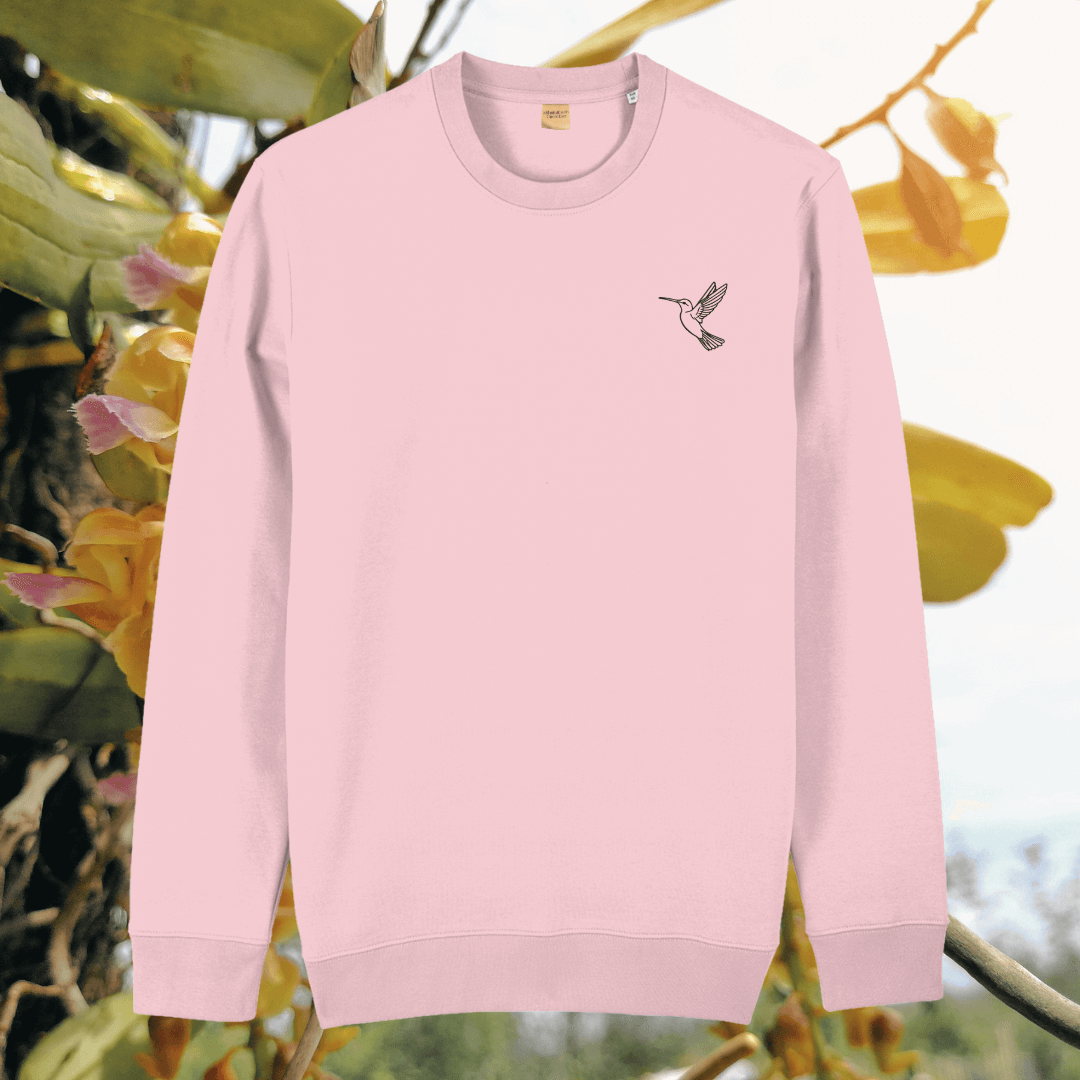 Cotton Pink organic cotton sweater with hummingbird design and motivational “Just Do Your Bit” message on the front – Mindful Earth sustainable UK clothing