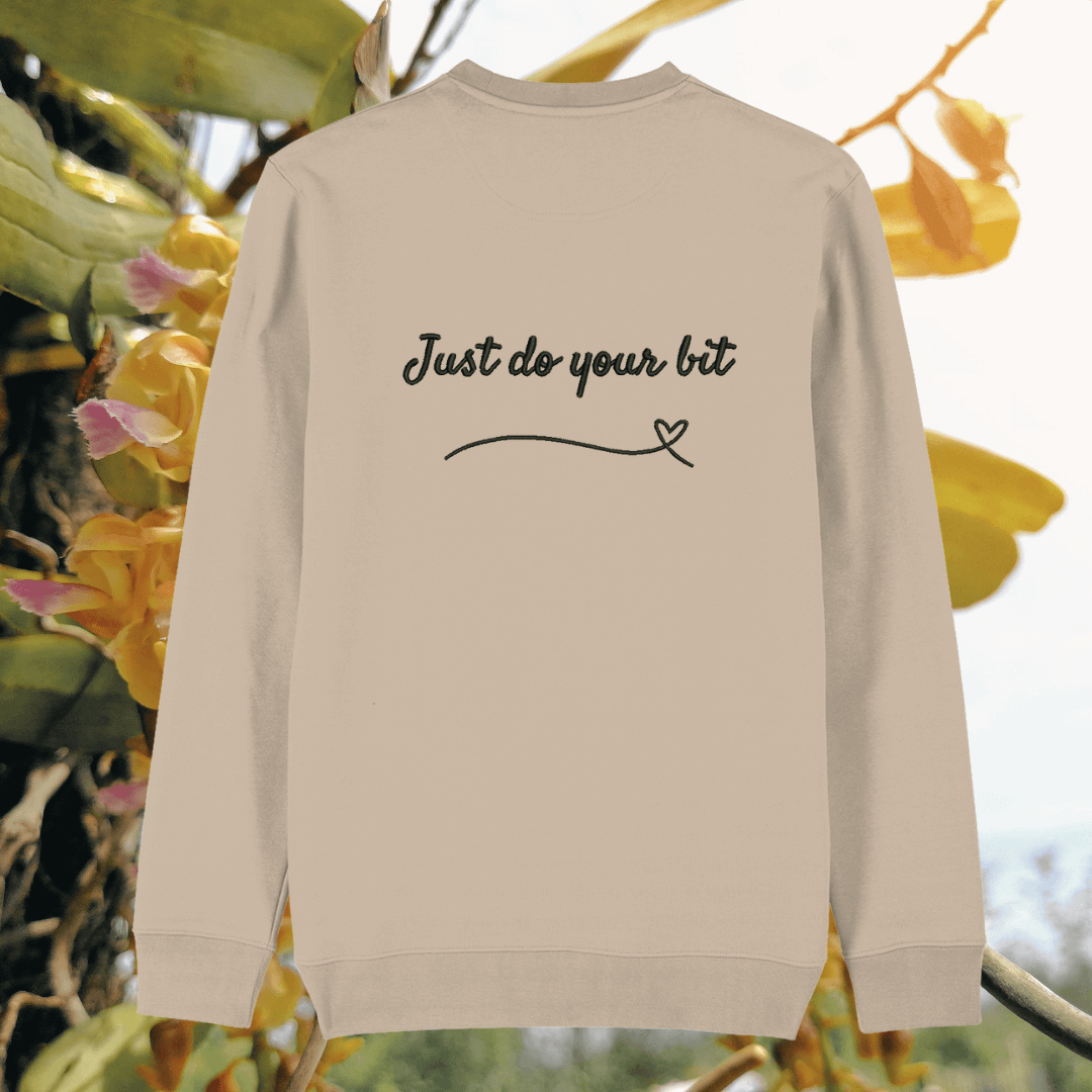 Back of the Desert Dust organic cotton sweater featuring hummingbird illustration and the phrase “Just Do Your Bit” – Mindful Earth UK sustainable fashion