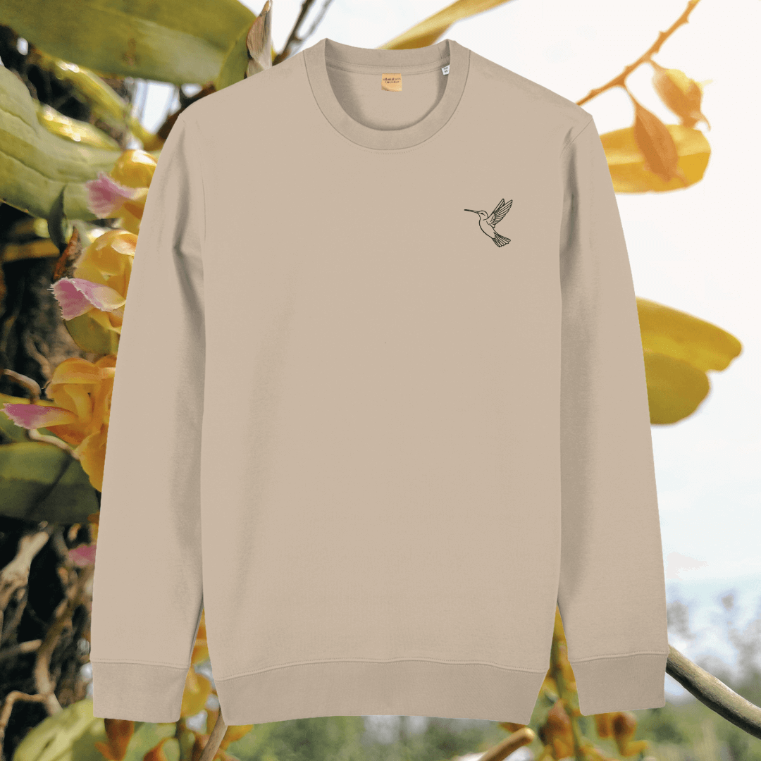 Desert Dust organic cotton sweater with hummingbird design and motivational “Just Do Your Bit” message on the front – Mindful Earth sustainable UK clothing