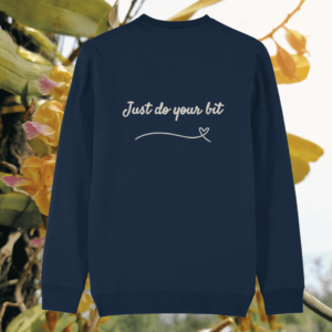 Back of the French Navy organic cotton sweater featuring hummingbird illustration and the phrase “Just Do Your Bit” – Mindful Earth UK sustainable fashion