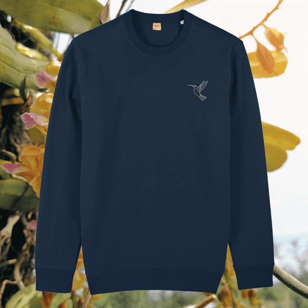 French Navy organic cotton sweater with hummingbird design and motivational “Just Do Your Bit” message on the front – Mindful Earth sustainable UK clothing