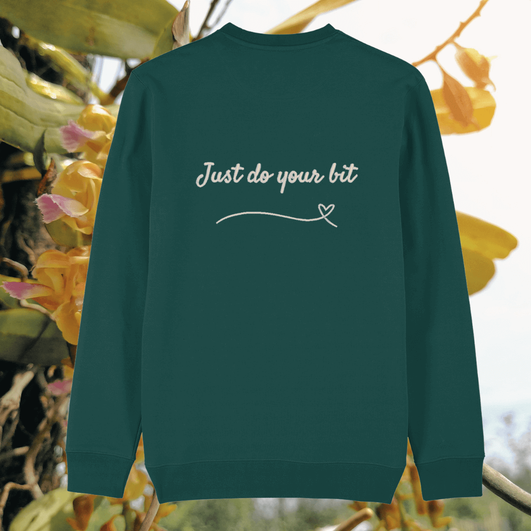 Back of the Glazed Green organic cotton sweater featuring hummingbird illustration and the phrase “Just Do Your Bit” – Mindful Earth UK sustainable fashion