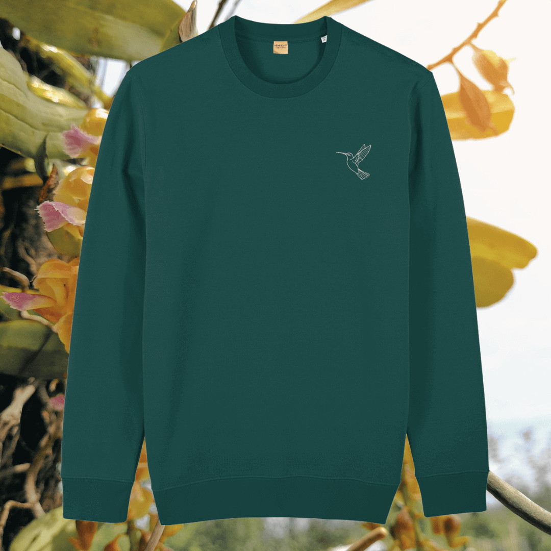 Glazed Green organic cotton sweater with hummingbird design and motivational “Just Do Your Bit” message on the front – Mindful Earth sustainable UK clothing