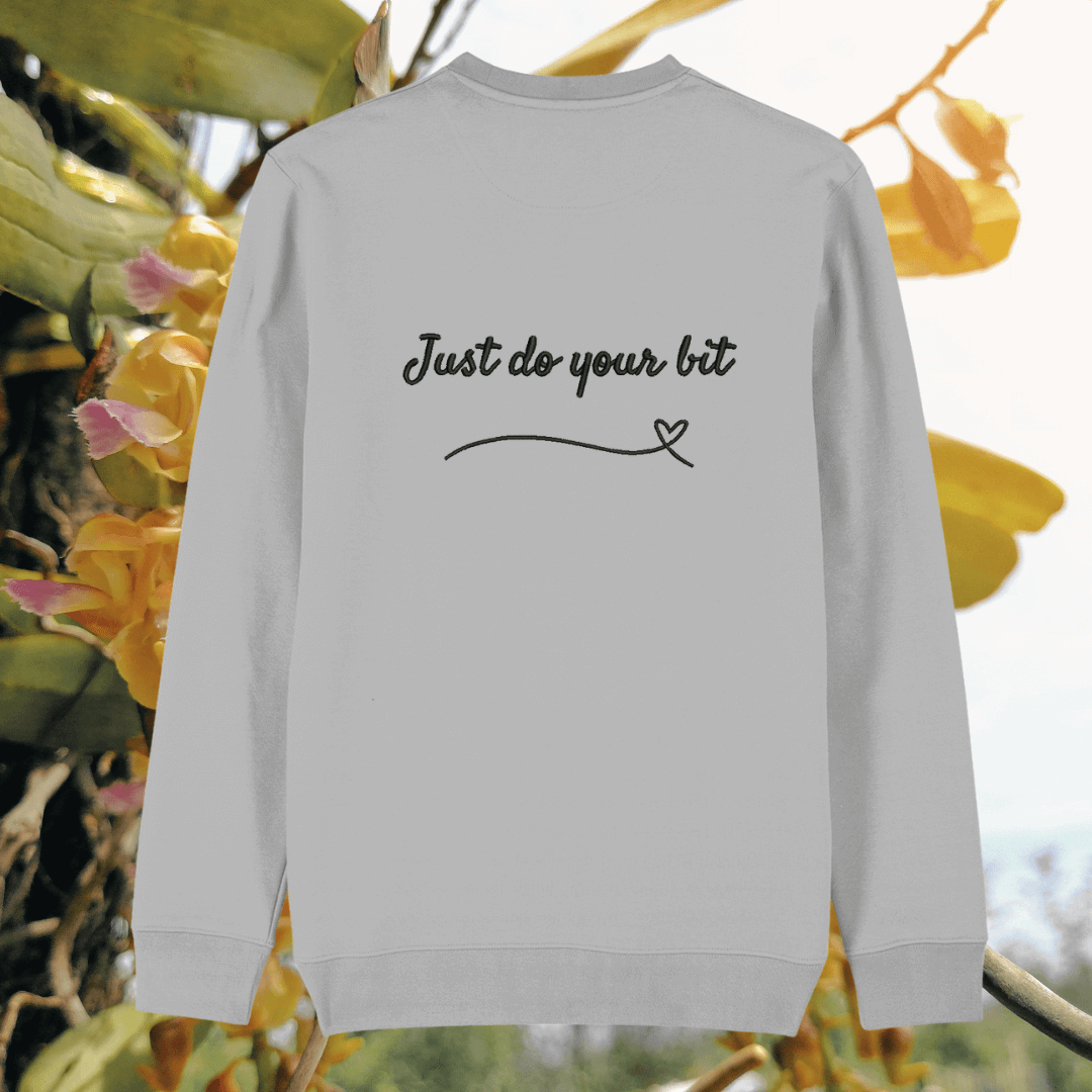 Back of the Heather Grey organic cotton sweater featuring hummingbird illustration and the phrase “Just Do Your Bit” – Mindful Earth UK sustainable fashion