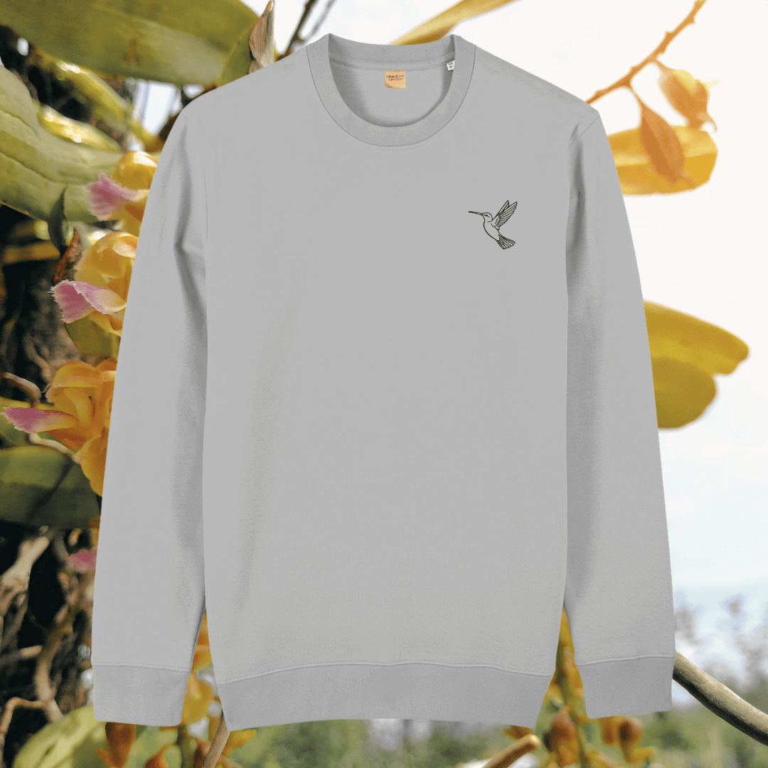 Heather Grey organic cotton sweater with hummingbird design and motivational “Just Do Your Bit” message on the front – Mindful Earth sustainable UK clothing