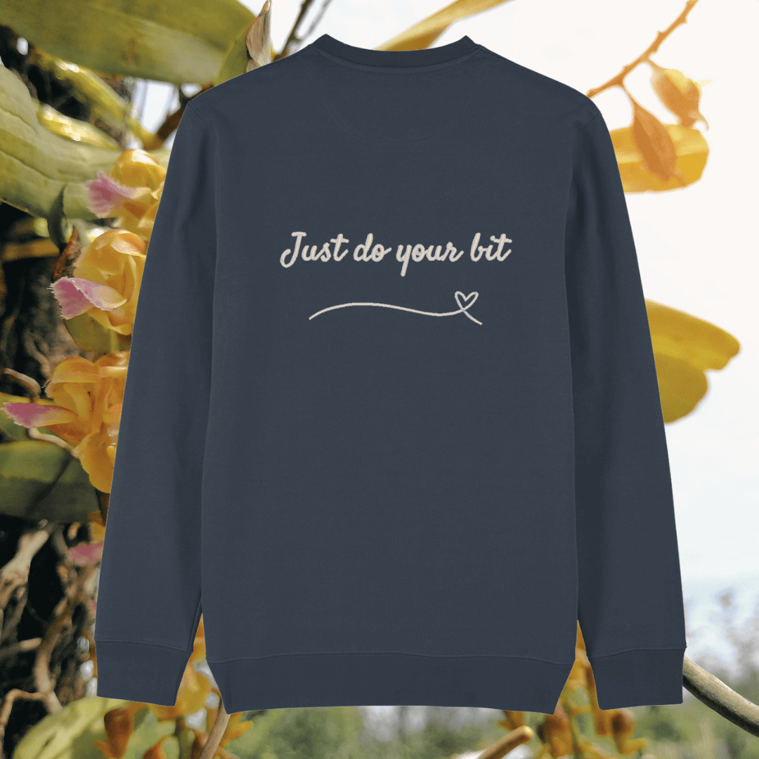 Back of the India Ink Grey organic cotton sweater featuring hummingbird illustration and the phrase “Just Do Your Bit” – Mindful Earth UK sustainable fashion