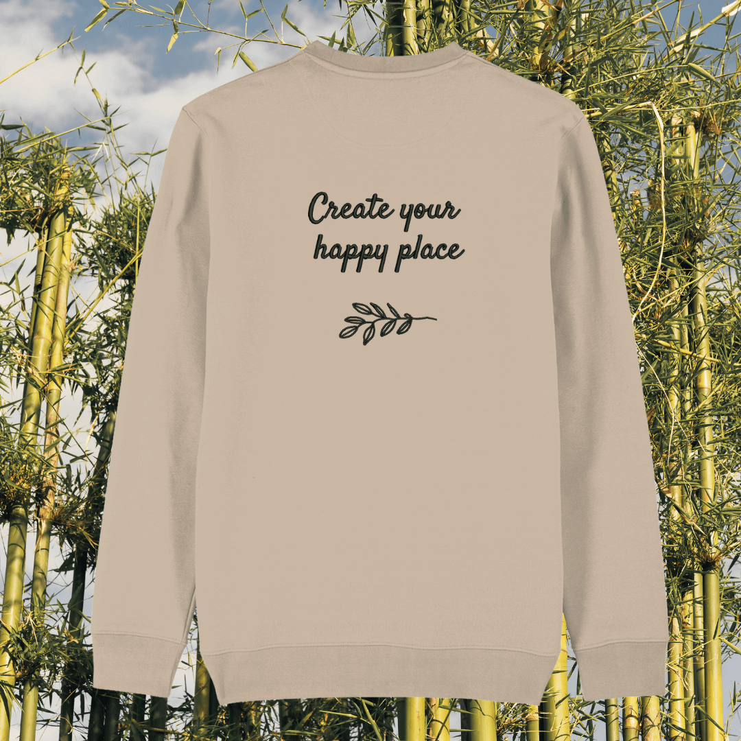 Back view of the Koala Desert Dust organic cotton sweater with a minimalist plain back by Mindful Earth.