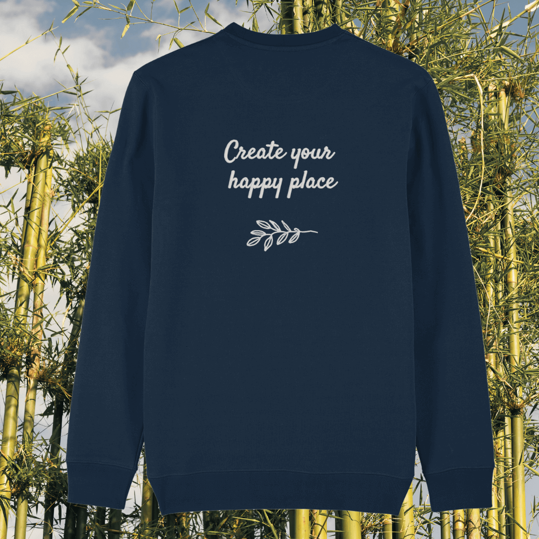 Back view of the Koala French Navy organic cotton sweater with a minimalist plain back by Mindful Earth.