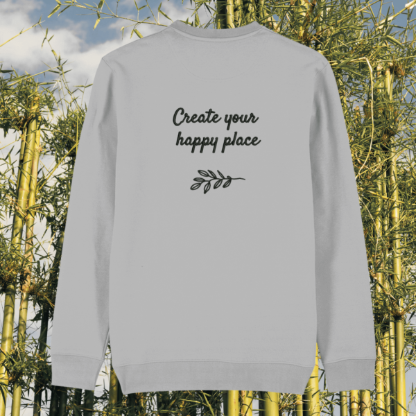 Back view of the Koala Heather Grey organic cotton sweater with a minimalist plain back by Mindful Earth.