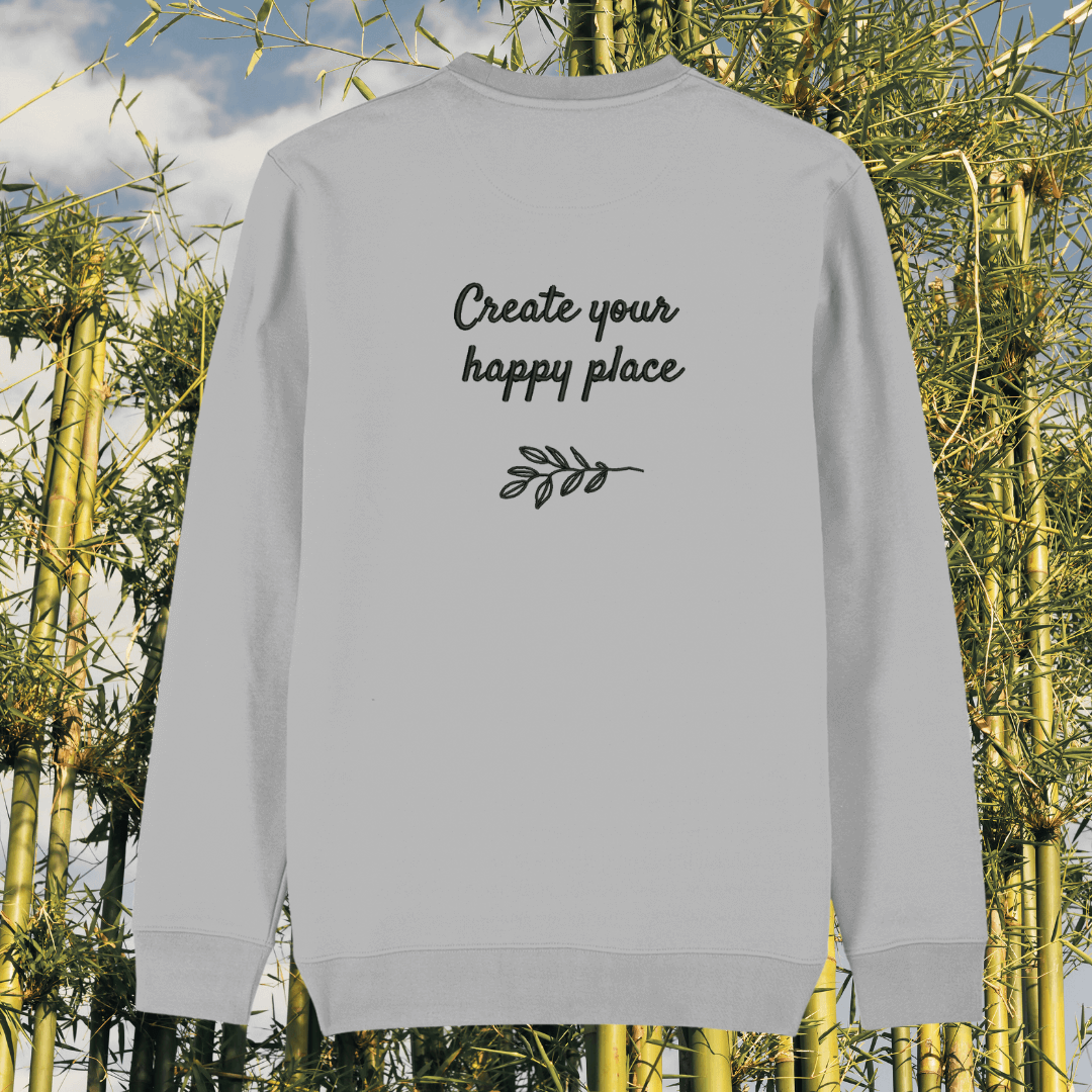 Back view of the Koala Heather Grey organic cotton sweater with a minimalist plain back by Mindful Earth.