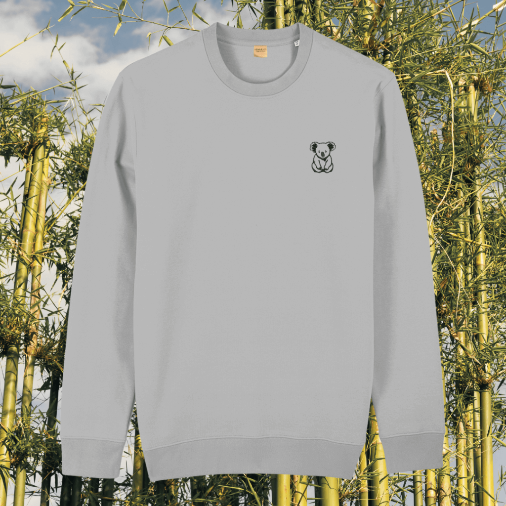 Front view of the Koala Heather Grey organic cotton sweater featuring the “Create Your Happy Place” design by Mindful Earth.