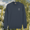 Front view of the Koala India Ink Grey organic cotton sweater featuring the “Create Your Happy Place” design by Mindful Earth.