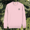 Front view of the Monstera Cotton Pink organic cotton sweater featuring the “Life’s a Climb but the View is Great” design by Mindful Earth.