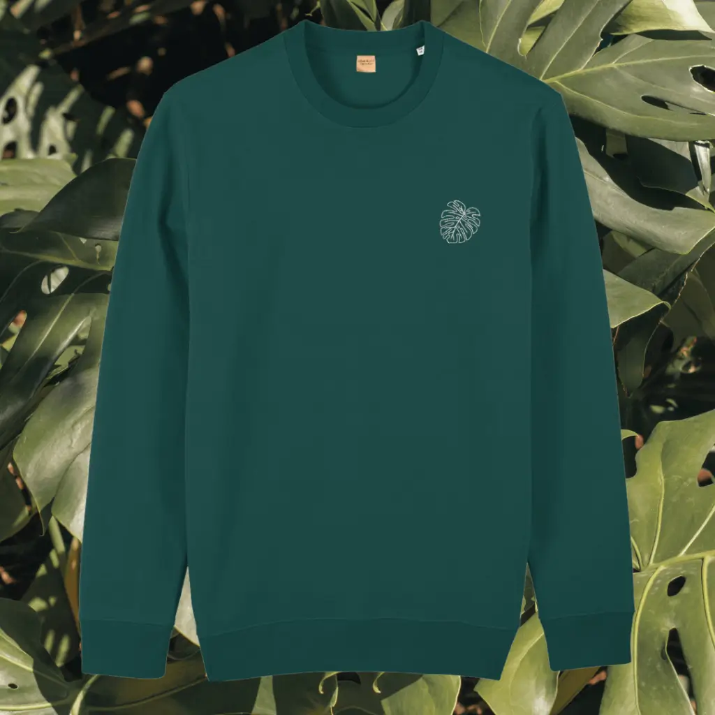 Glazed Green organic cotton sweater with monstera leaf design and inspirational “Life’s a Climb but the View Is Great” message on the front – Mindful Earth sustainable UK clothing