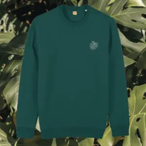 Glazed Green organic cotton sweater with monstera leaf design and inspirational “Life’s a Climb but the View Is Great” message on the front – Mindful Earth sustainable UK clothing