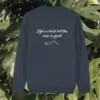 Back view of the Monstera India Ink Grey organic cotton sweater with the “Life’s a Climb but the View is Great” Monstera design by Mindful Earth.