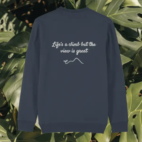 Back view of the Monstera India Ink Grey organic cotton sweater with the “Life’s a Climb but the View is Great” Monstera design by Mindful Earth.