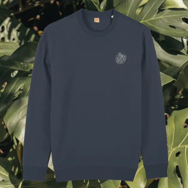 Front view of the Monstera India Ink Grey organic cotton sweater featuring a simple minimalist front by Mindful Earth.