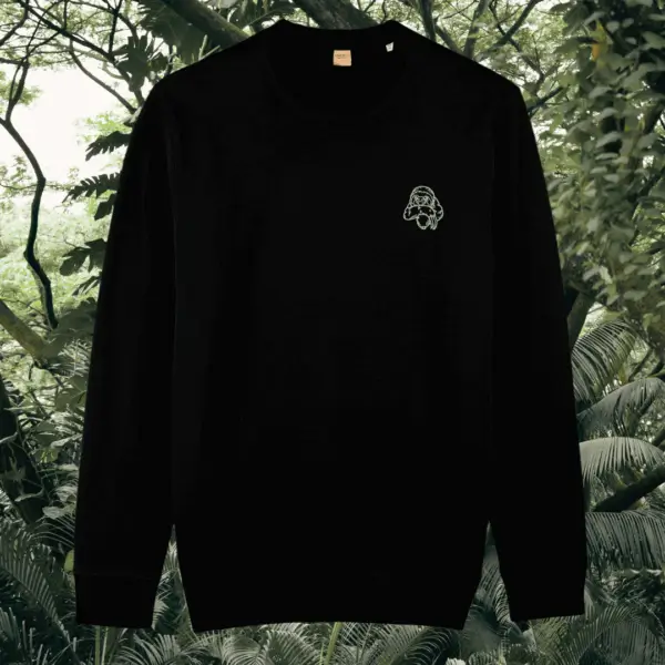 Black organic cotton sweater with sloth design and motivational “Just Hang In There” message on the front – Mindful Earth sustainable UK clothing
