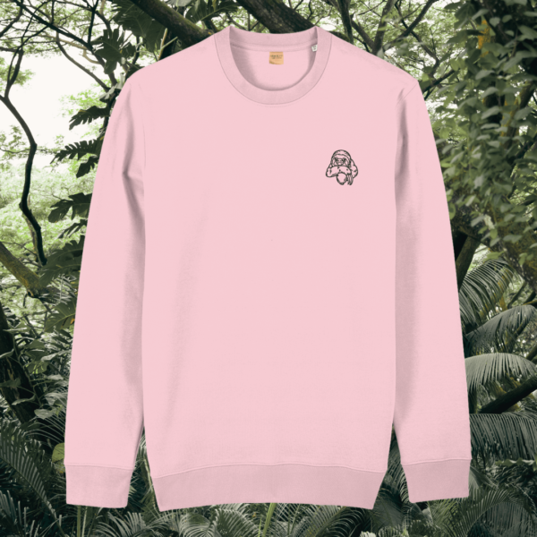 Cotton Pink organic cotton sweater with sloth design and motivational “Just Hang In There” message on the front – Mindful Earth sustainable UK clothing