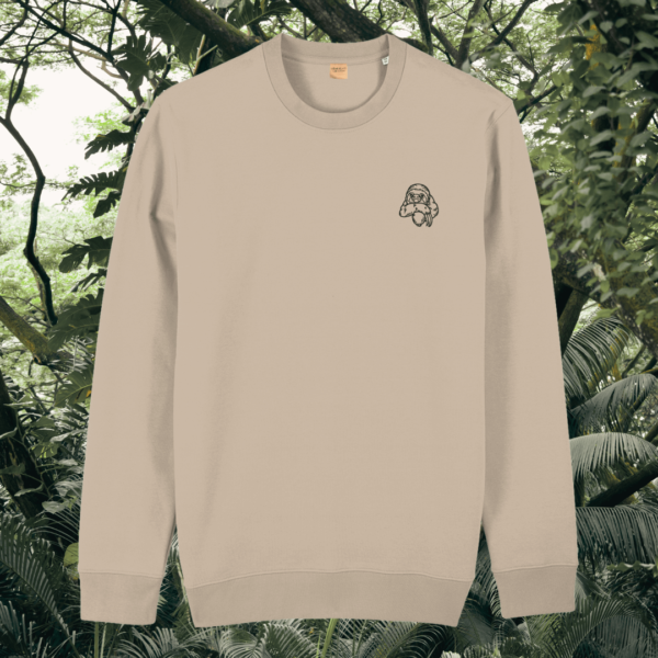 Desert Dust organic cotton sweater with sloth design and motivational “Just Hang In There” message on the front – Mindful Earth sustainable UK clothing