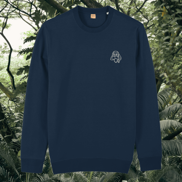 French Navy organic cotton sweater with sloth design and motivational “Just Hang In There” message on the front – Mindful Earth sustainable UK clothing