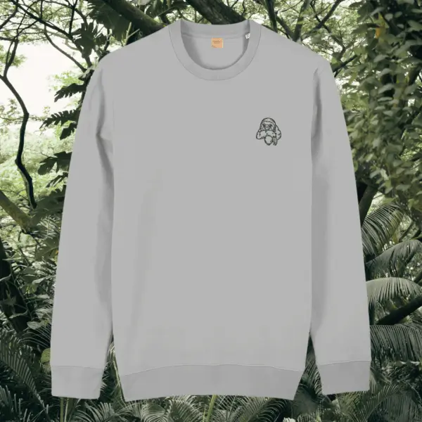 Heather Grey organic cotton sweater with sloth design and motivational “Just Hang In There” message on the front – Mindful Earth sustainable UK clothing