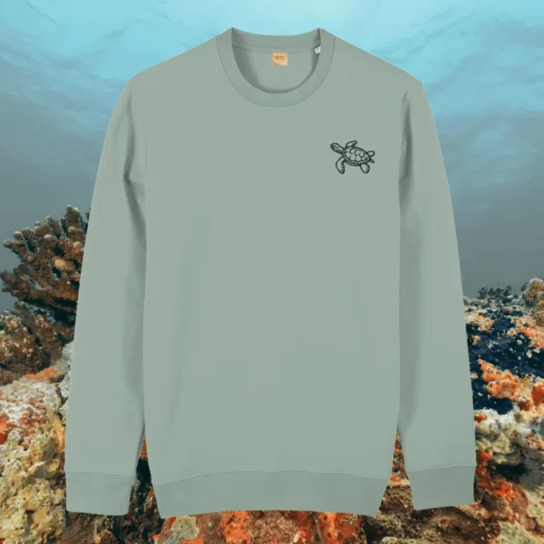 Aloe green organic cotton sweater with turtle design and motivational “Embrace the Journey” message on the front – Mindful Earth sustainable UK clothing