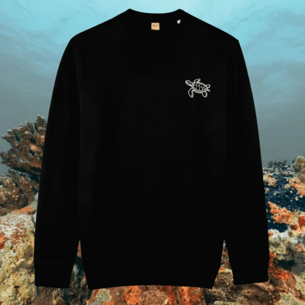 Black organic cotton sweater with turtle design and motivational “Embrace the Journey” message on the front – Mindful Earth sustainable UK clothing