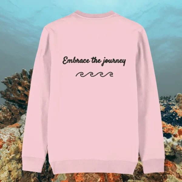 Back of the Cotton Pink organic cotton sweater featuring turtle illustration and the phrase “Embrace the Journey” – Mindful Earth UK sustainable fashion