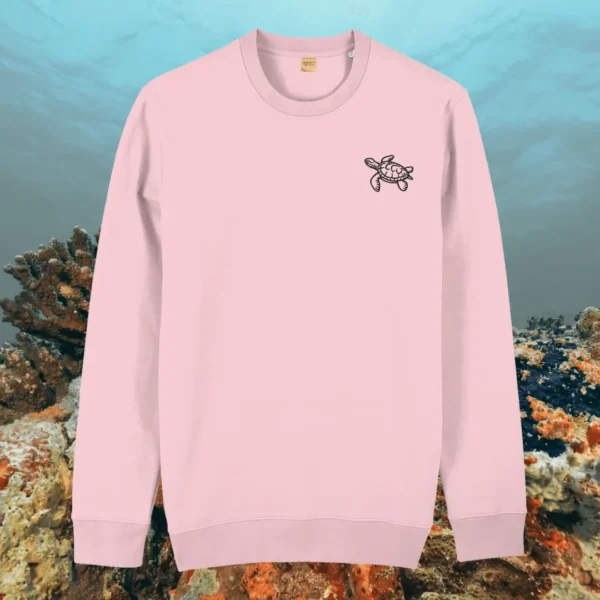Cotton Pink organic cotton sweater with turtle design and motivational “Embrace the Journey” message on the front – Mindful Earth sustainable UK clothing