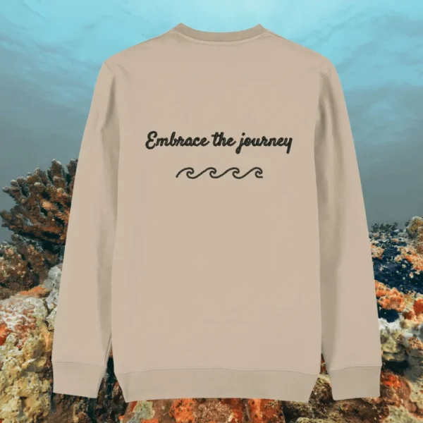 Back of the Desert Dust organic cotton sweater featuring turtle illustration and the phrase “Embrace the Journey” – Mindful Earth UK sustainable fashion