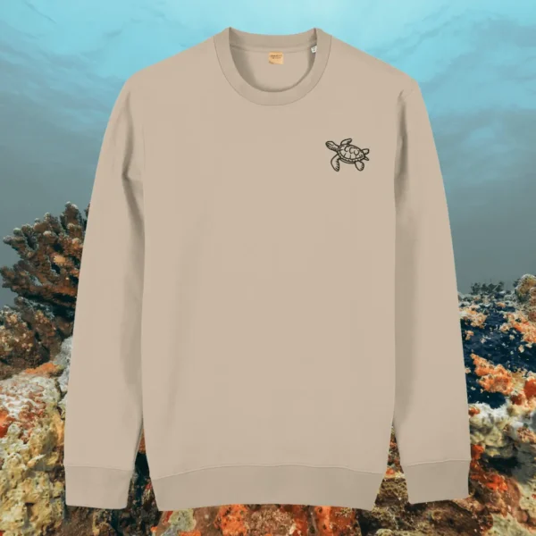 Desert Dust organic cotton sweater with turtle design and motivational “Embrace the Journey” message on the front – Mindful Earth sustainable UK clothing