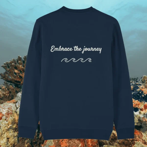 Back of the French Navy organic cotton sweater featuring turtle detail and the phrase “Embrace the Journey” – Mindful Earth UK sustainable fashion