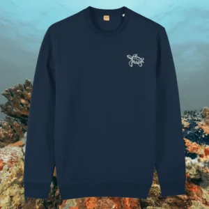 French Navy organic cotton sweater with turtle design and motivational “Embrace the Journey” message on the front – Mindful Earth sustainable UK clothing