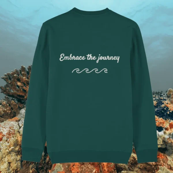 Back of the Glazed Green organic cotton sweater featuring turtle illustration and the phrase “Embrace the Journey” – Mindful Earth UK sustainable fashion