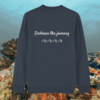 Back of the India Ink Grey organic cotton sweater featuring turtle illustration and the phrase “Embrace the Journey” – Mindful Earth UK sustainable fashion