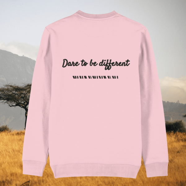 Back of the Cotton Pink organic cotton sweater with zebra print detail and “Dare to Be Different” inspirational design – Mindful Earth UK sustainable fashion