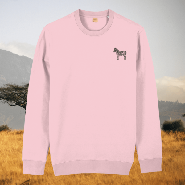Cotton Pink organic cotton sweater with zebra print design and motivational “Dare to Be Different” message on the front – Mindful Earth sustainable UK clothing